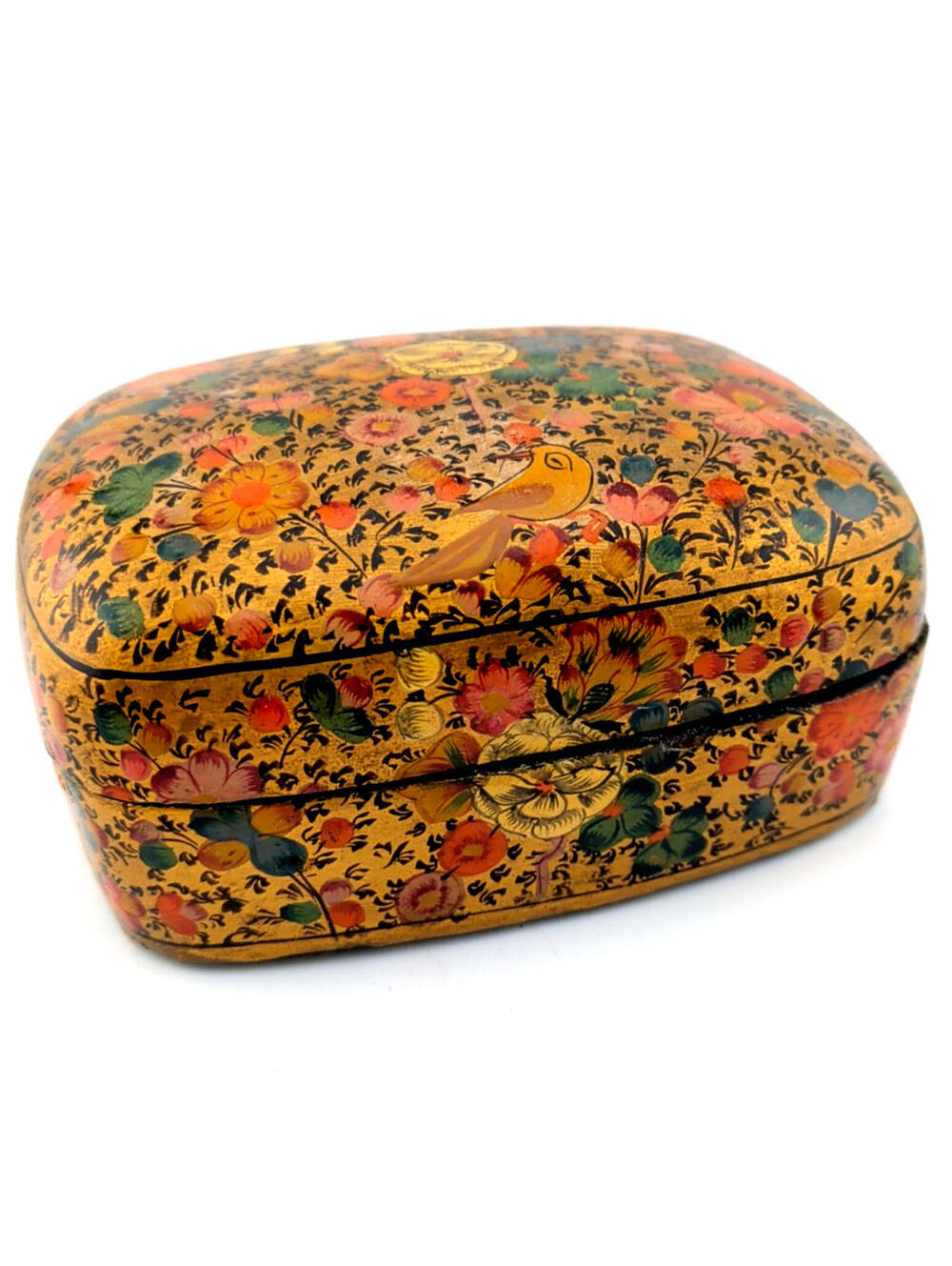 VTG Jewelry Trinket Box Kashmir Art Paper Hand-Painted and Handmade Floral India